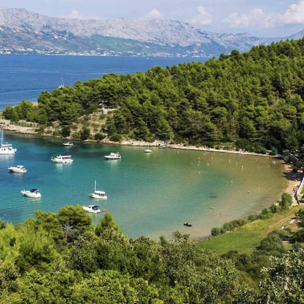 Aerial of Blue Lagoon Lovrečina Bay on Brač