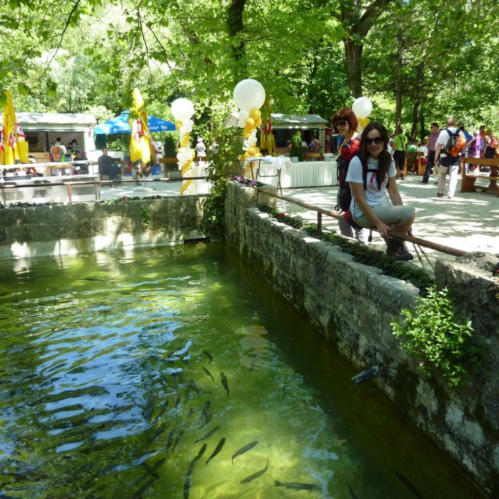 Fish pool and guests walk the grounds at Radman Mills