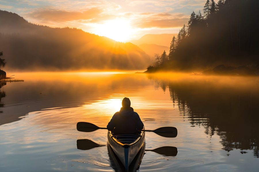 sunrise-kayaking-calm-lake-background